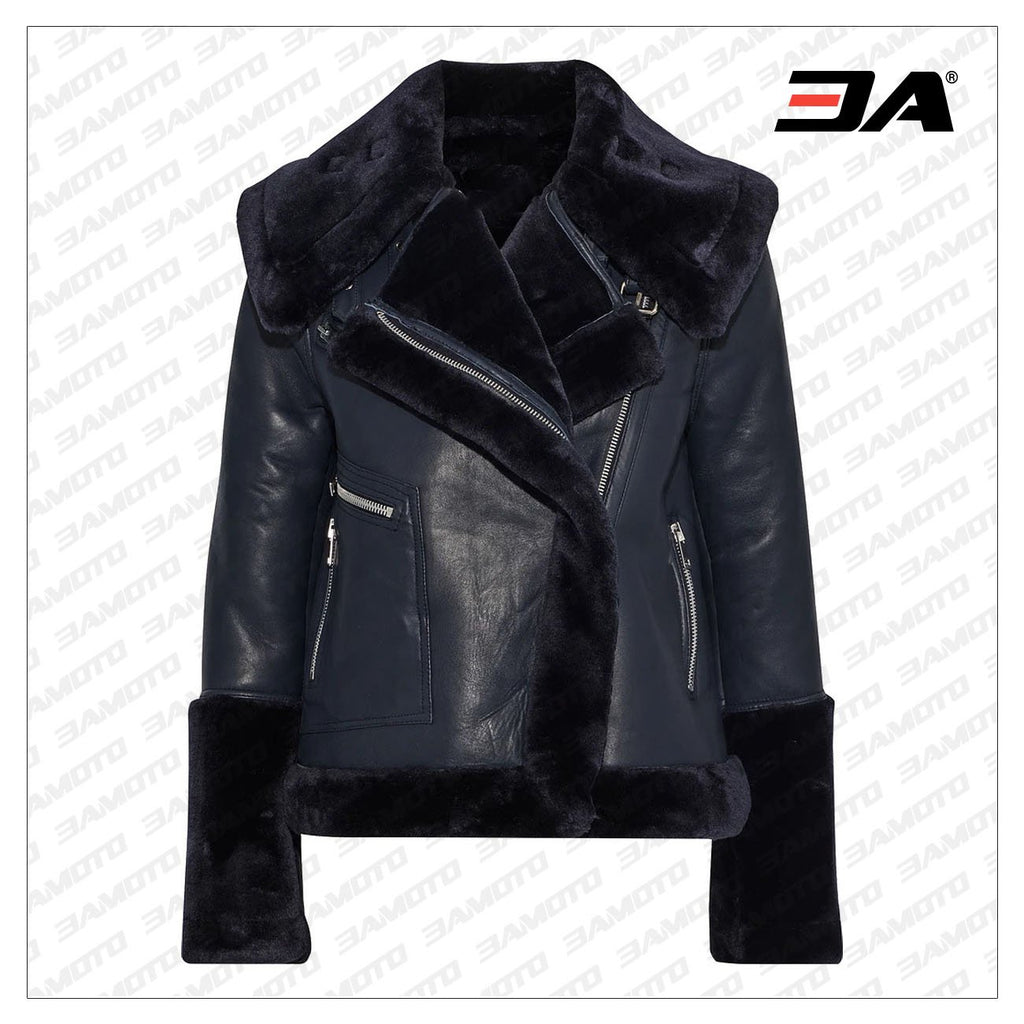 Navy Blue Lambskin Leather And Faux Fur Coat