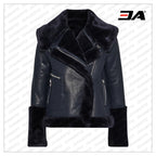 Navy Blue Lambskin Leather And Faux Fur Coat