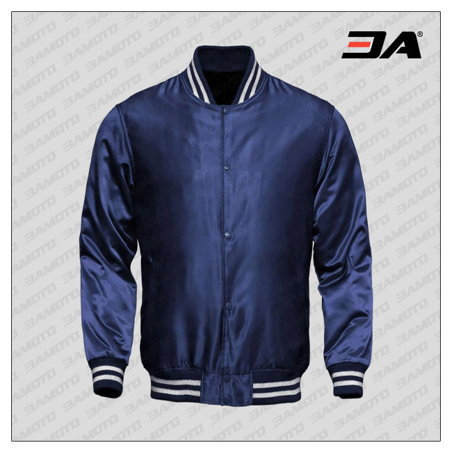 Navy Blue Satin Baseball Jacket