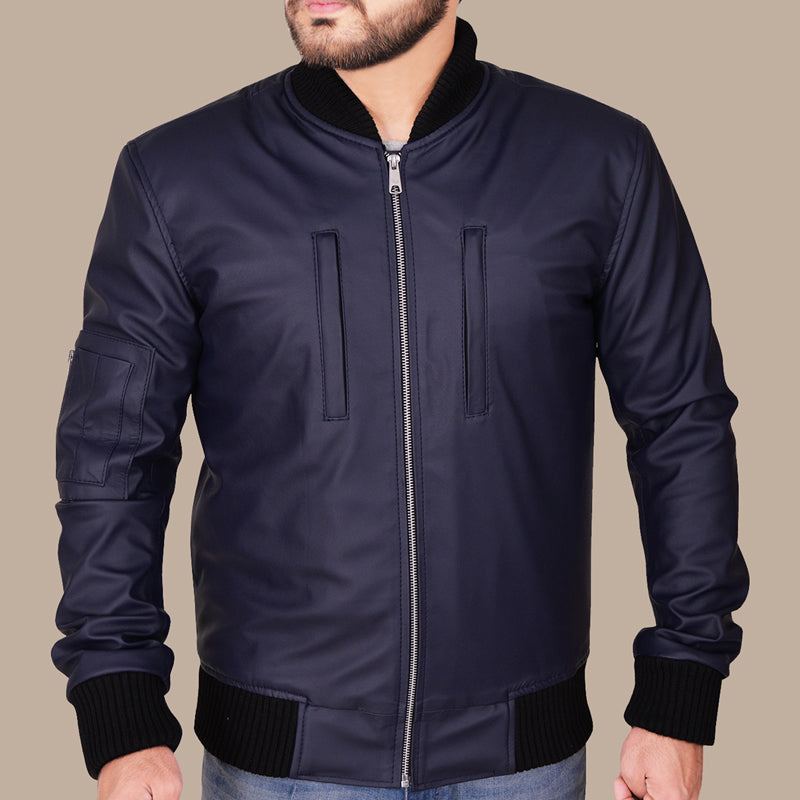 Navy Blue Varsity Leather Bomber Jacket for Men
