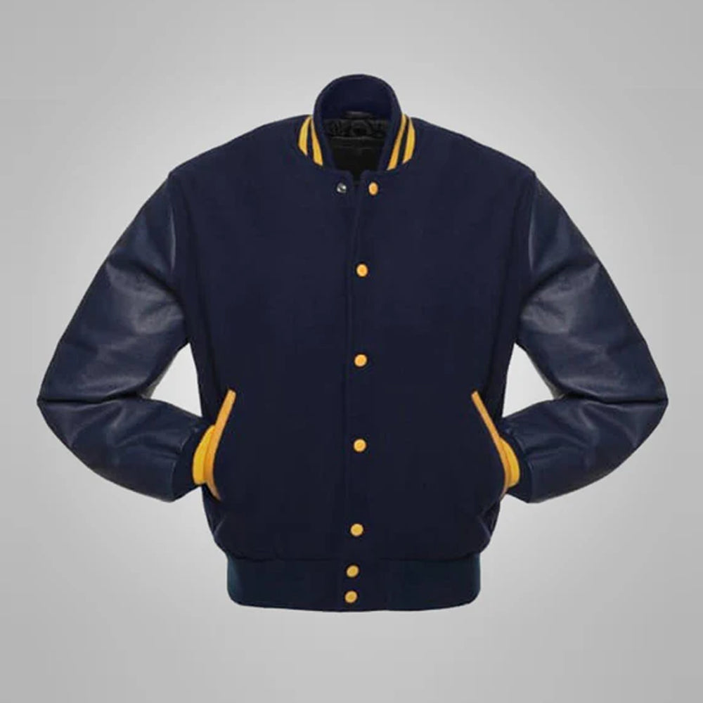 Navy Blue and Yellow Baseball Style Varsity Jacket