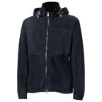 Mens Navy Blue Suede Leather Jacket With Hood