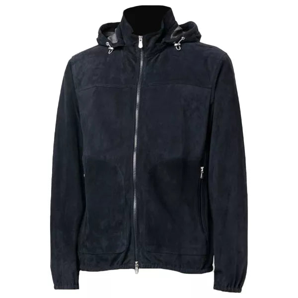 Mens Navy Blue Suede Leather Jacket With Hood
