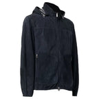 Mens Navy Blue Suede Leather Jacket With Hood