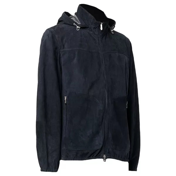 Mens Navy Blue Suede Leather Jacket With Hood