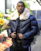 MEN V BOMBER JACKET - NAVY BLUE (OFF WHITE FUR)