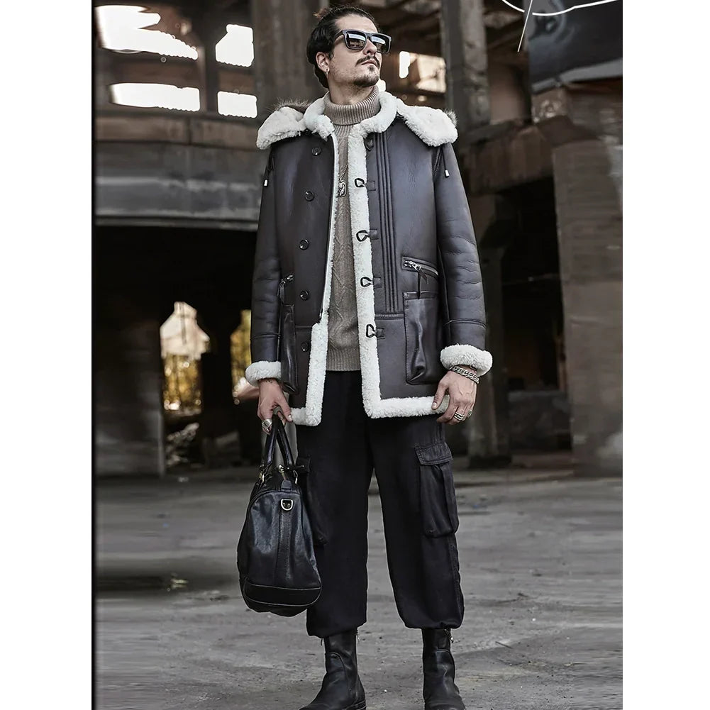 Men's Dark Brown Double-Sided Shearling Fur Leather Coat with Removable Hood