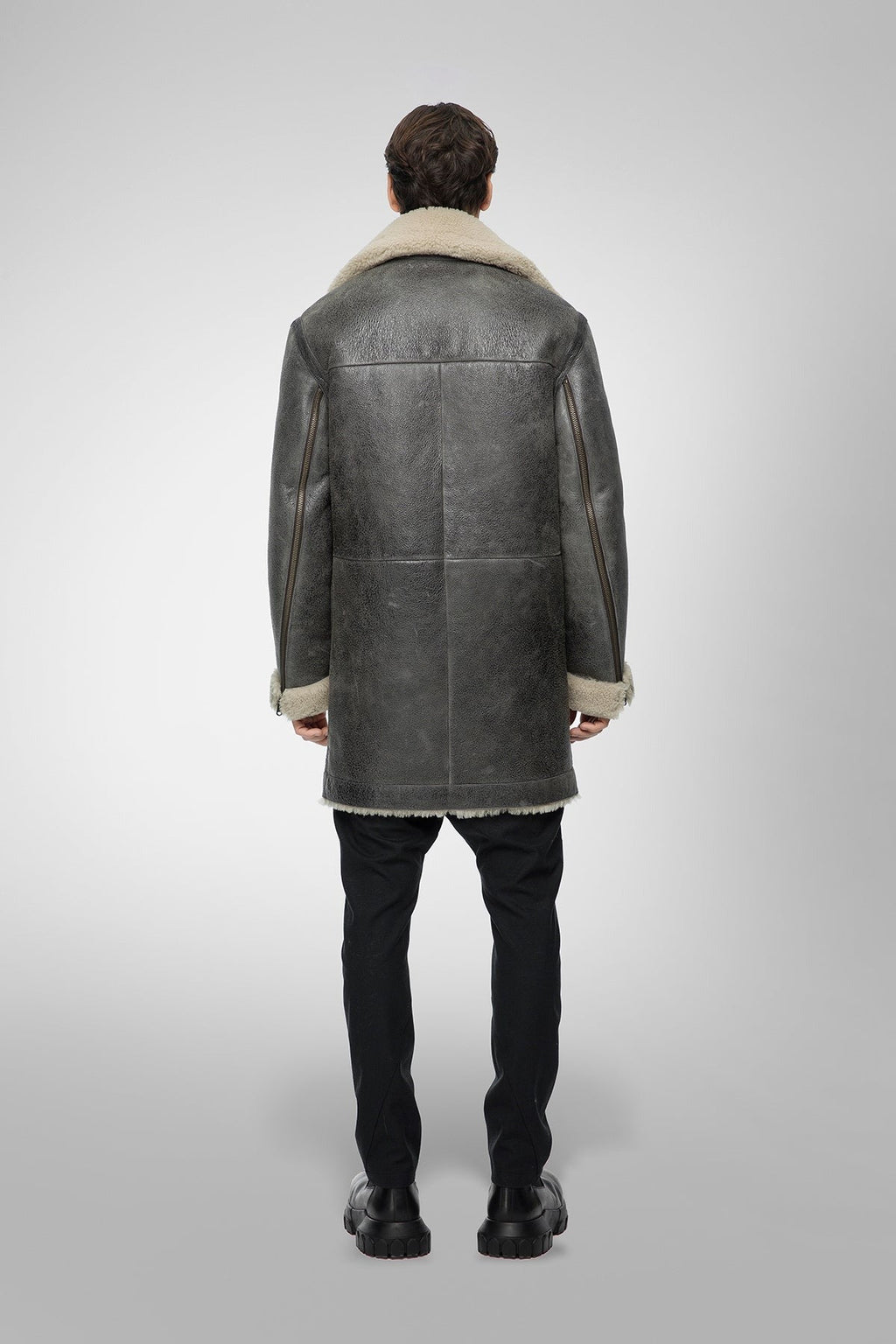 Men's Gray Shearling Leather Coat - Elegant & Warm