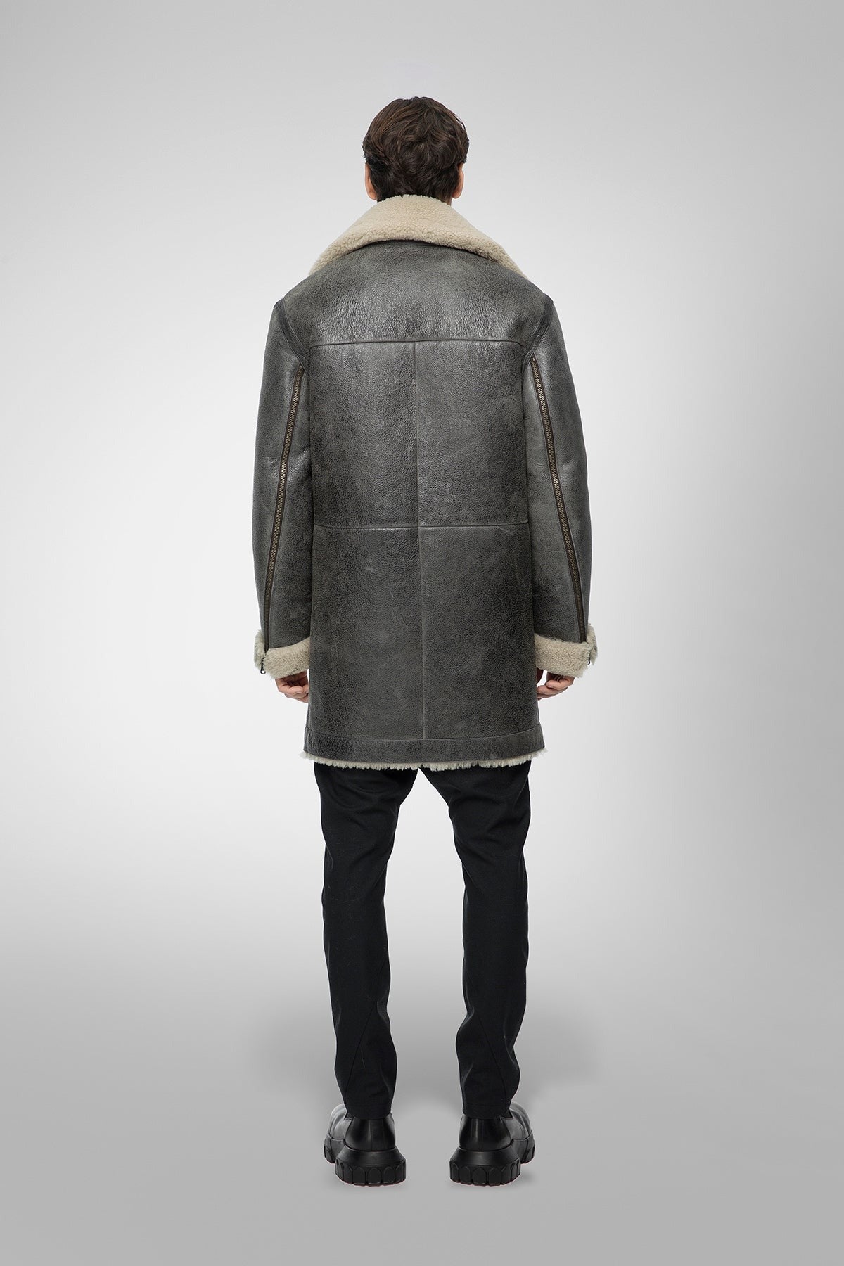 Men's Gray Shearling Leather Coat - Elegant & Warm