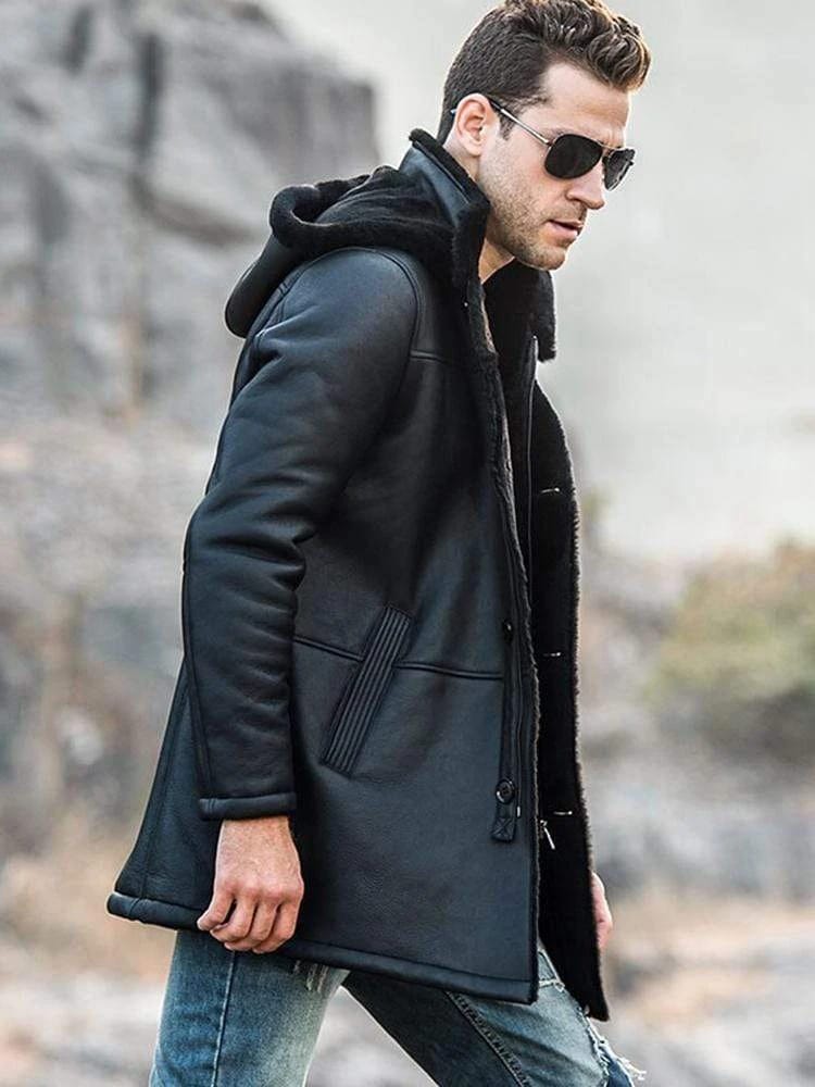 Men's Sheepskin Fur Leather Coat with Hood in Black