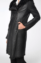 Women's Black Fur Shearling Parka Leather Coat