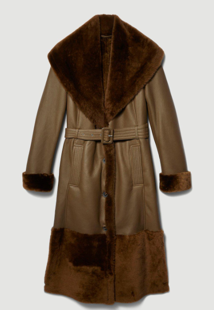 Women's Dark Brown Sheepskin Leather Trench Coat with Fur Collar
