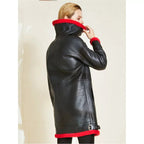 Women's Red Fur Sheepskin Leather Coat with Black Trim