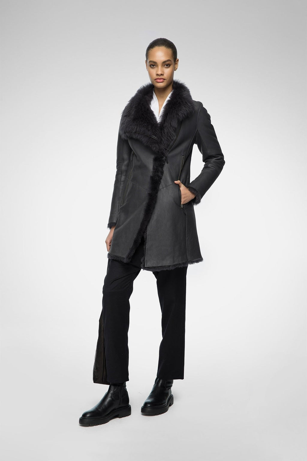 Women's Black Shearling Fur Leather Coat