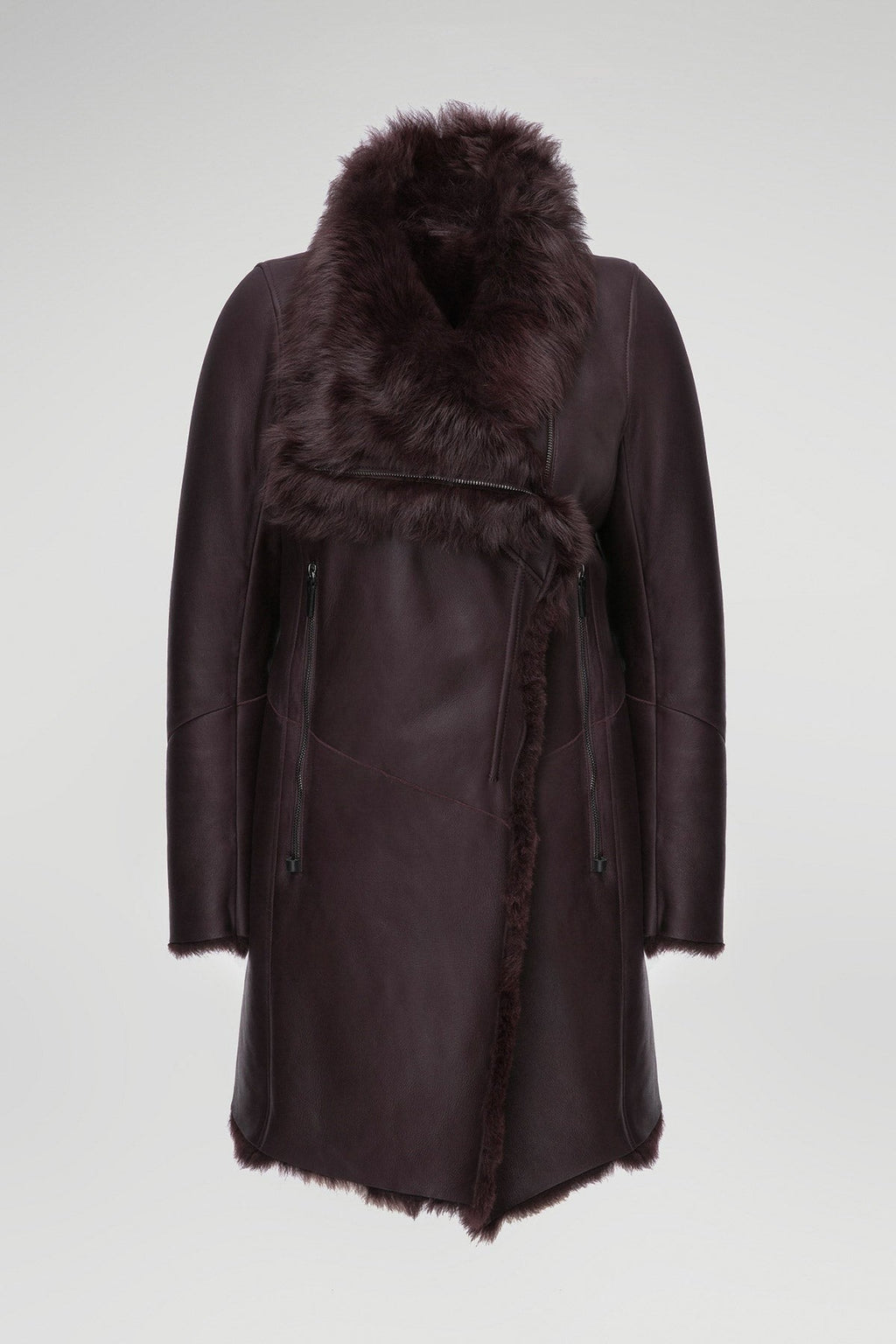 Women's Coffee Brown Shearling Fur Leather Coat