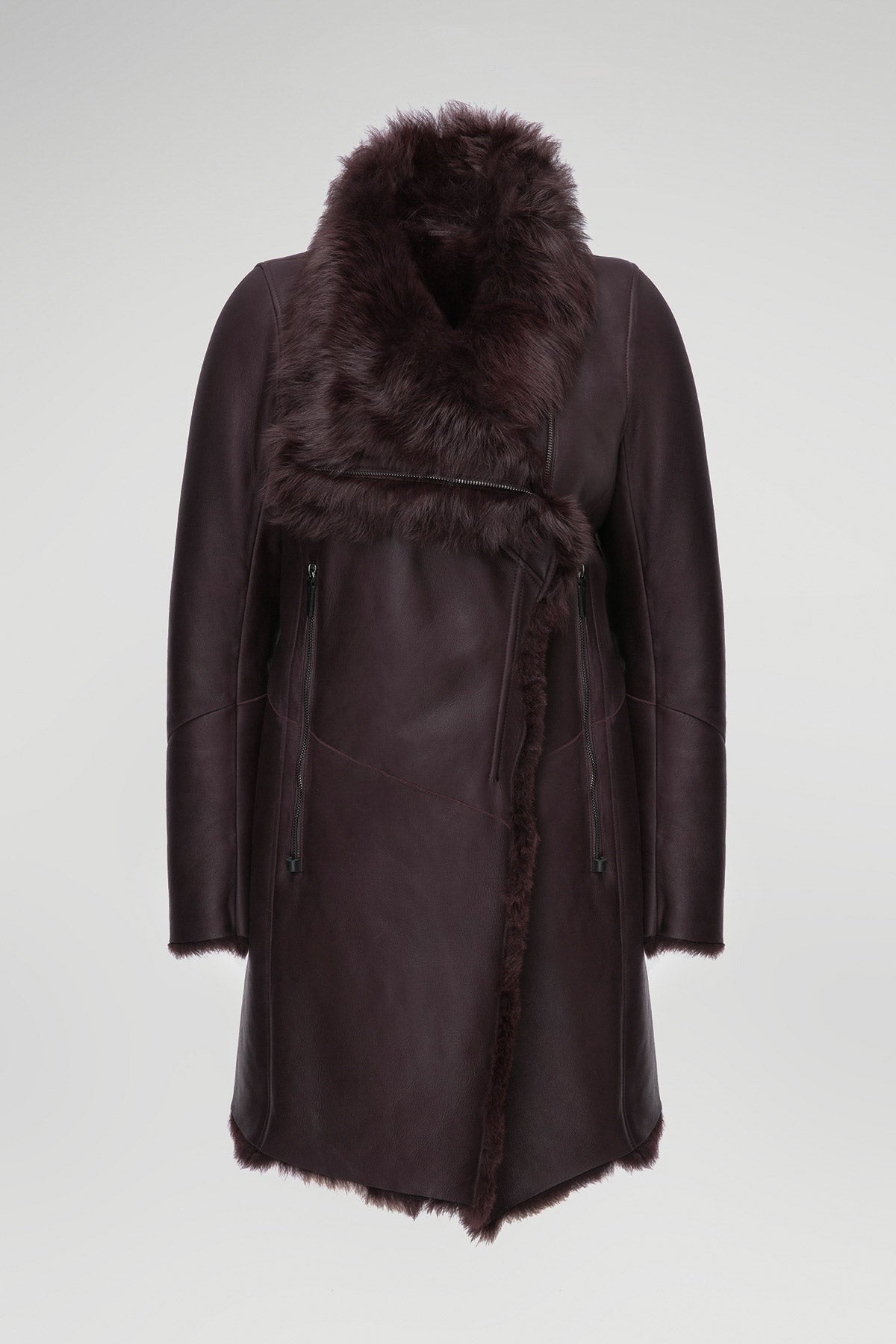 Women's Coffee Brown Shearling Fur Leather Coat