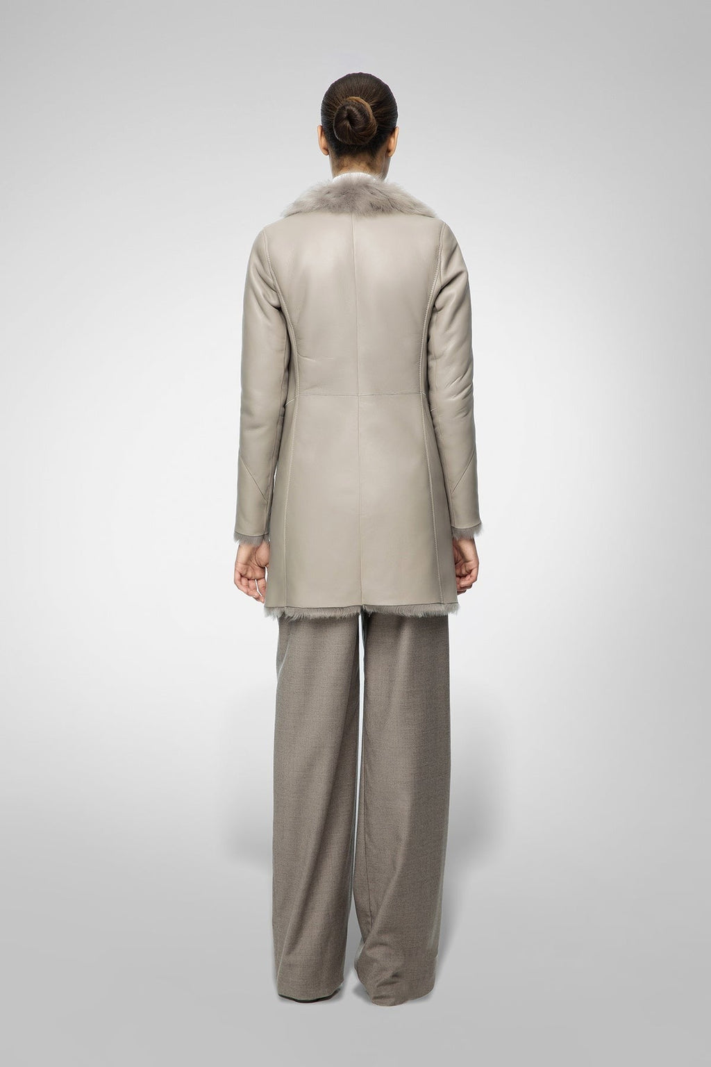 Women's Light Gray Shearling Fur Leather Coat