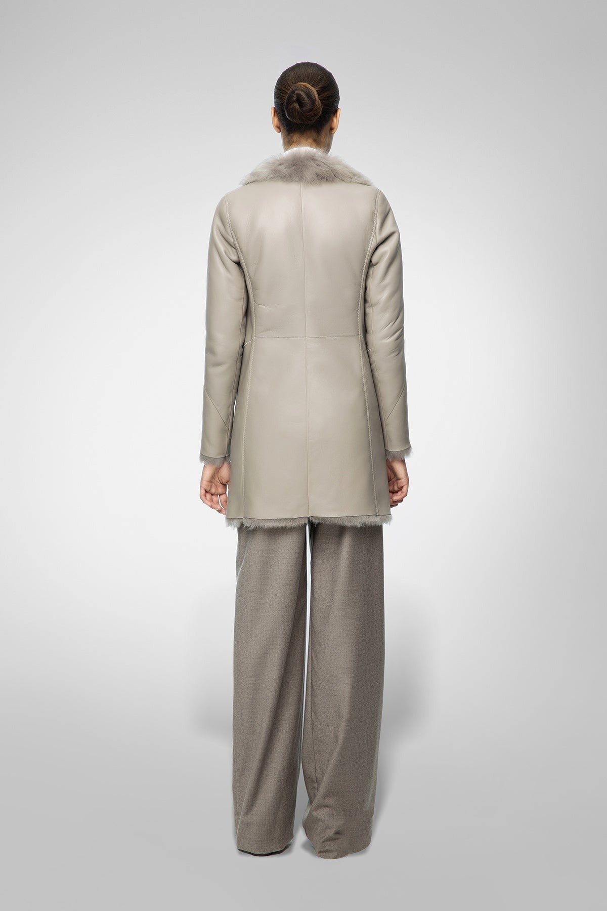 Women's Light Gray Shearling Fur Leather Coat