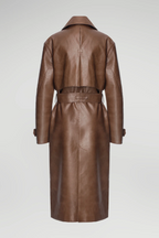 Women's Dark Brown Leather Trench Coat with Belted Waist