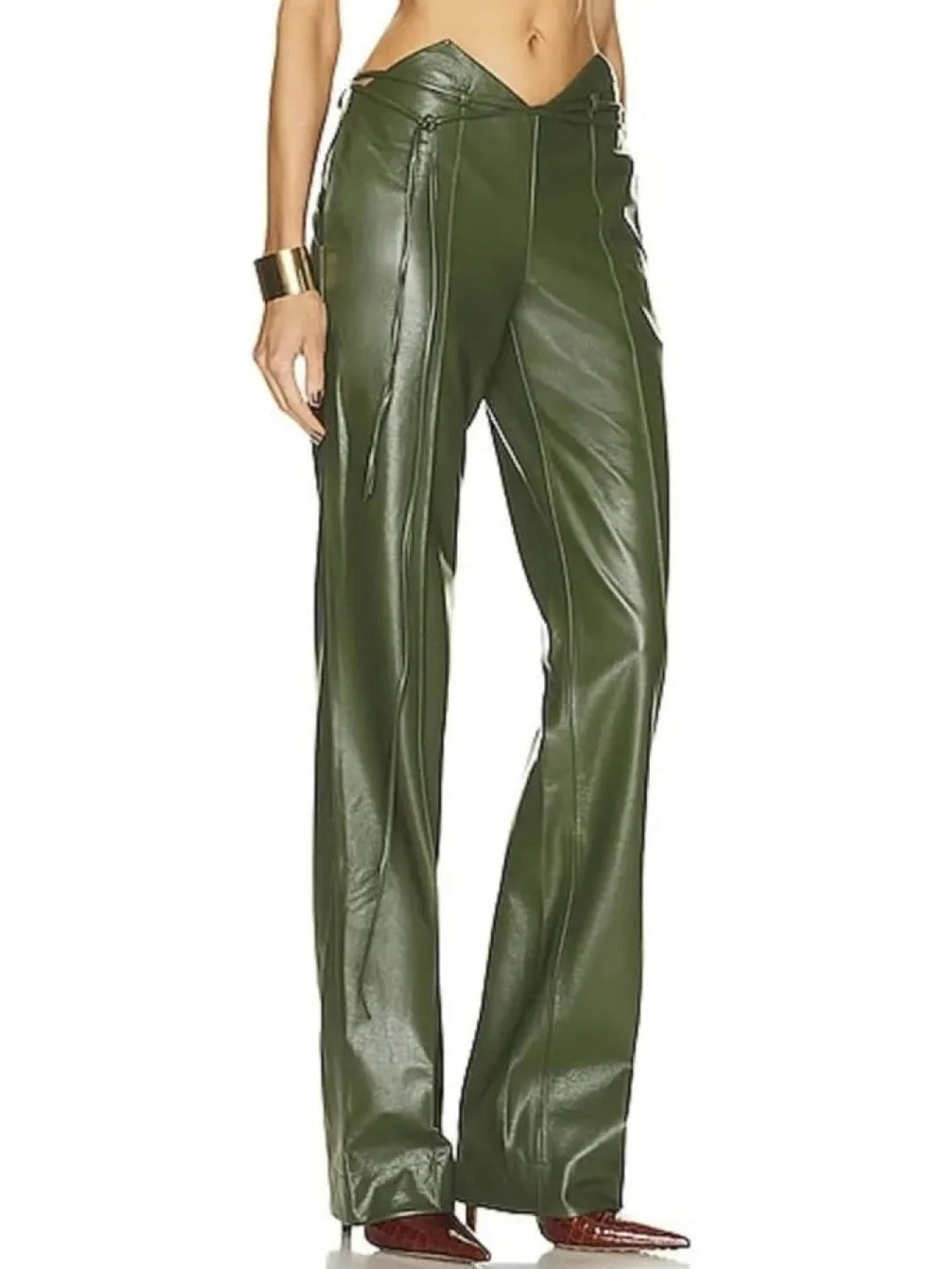 Green Leather Trousers with Notched Waist & Adjustable Tie – Stylish & Versatile