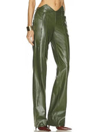 Green Leather Trousers with Notched Waist & Adjustable Tie – Stylish & Versatile