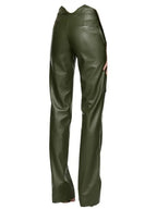 Green Leather Trousers with Notched Waist & Adjustable Tie – Stylish & Versatile