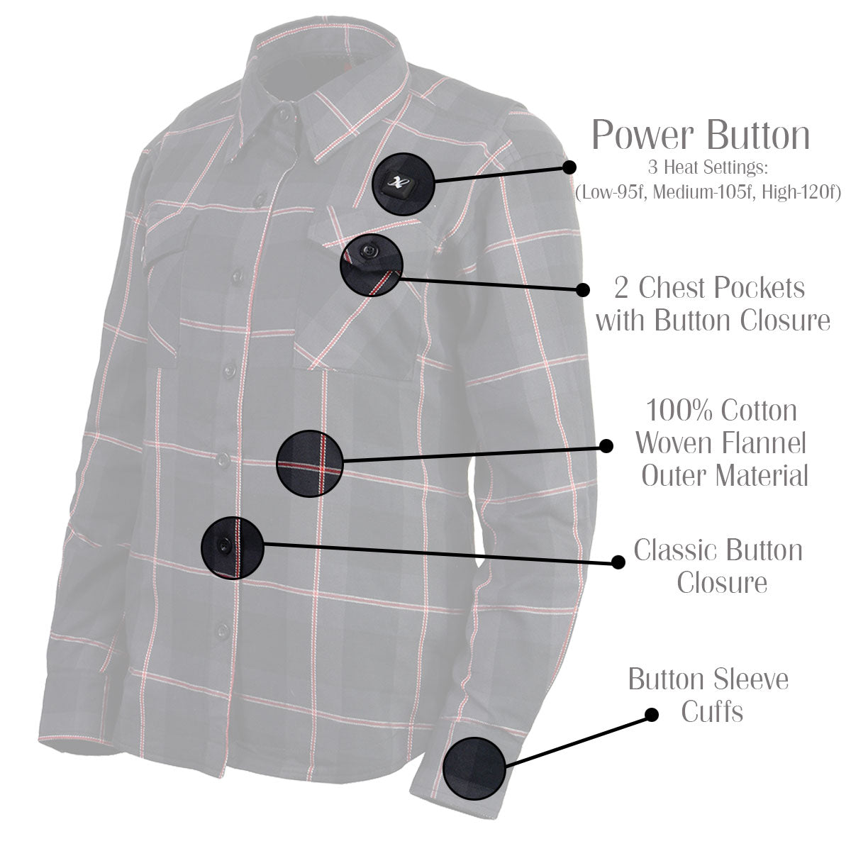 Nexgen Heat Nxl2602set Women's 'Bonnie' Black Grey Red Heated Flannel Long Sleeve Shirt (Rechargeable Battery Pack Included)