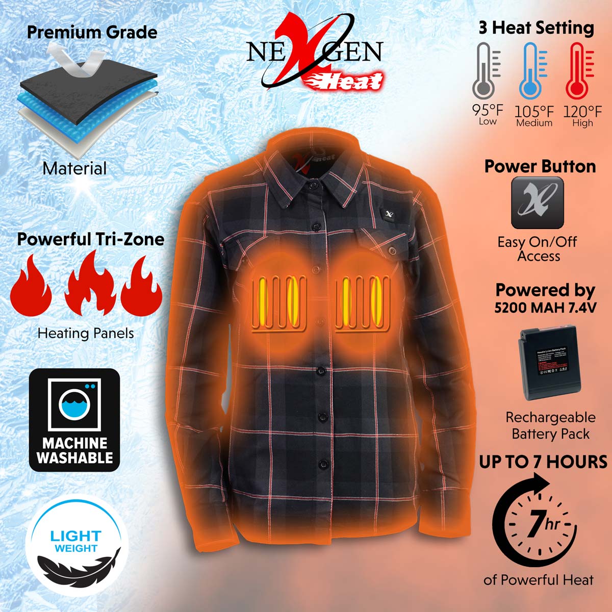 Nexgen Heat Nxl2602set Women's 'Bonnie' Black Grey Red Heated Flannel Long Sleeve Shirt (Rechargeable Battery Pack Included)