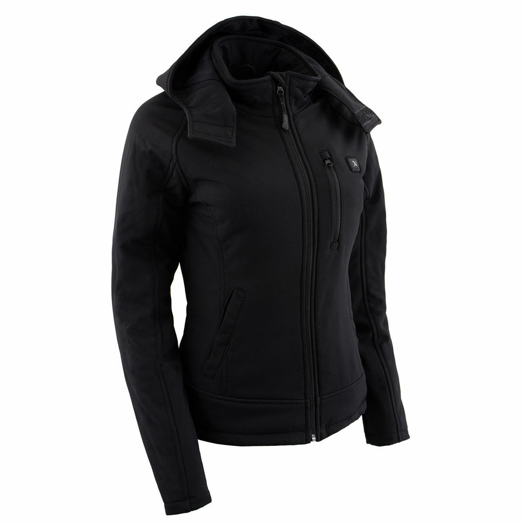 Nexgen Heat MPL2767SET Women's Black Soft Shell Heated Jacket with Detachable Hood (Included Rechargeable 10000mAh Battery)
