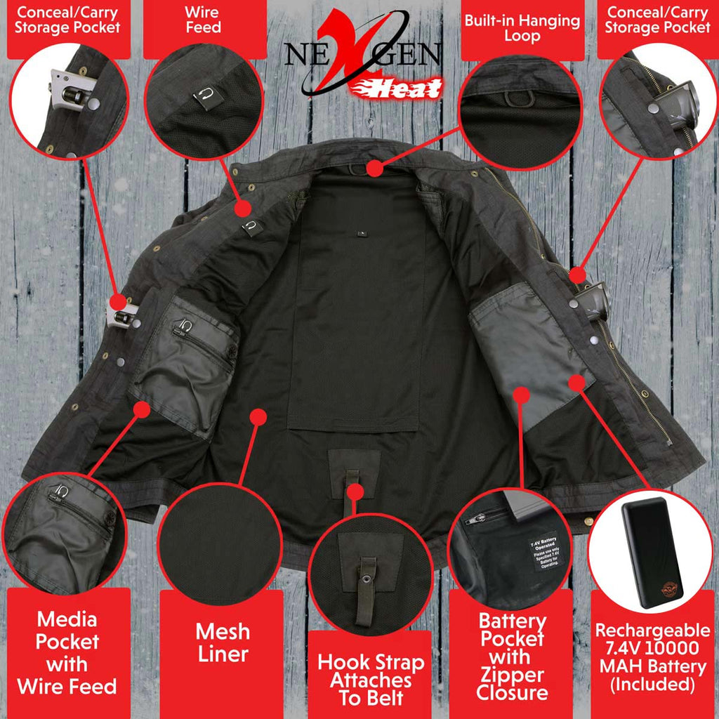 NexGen NXM1715SET Men's 'Scorcher' Classic Heated Black Denim Jacket (Rechargeable Battery Pack Included)