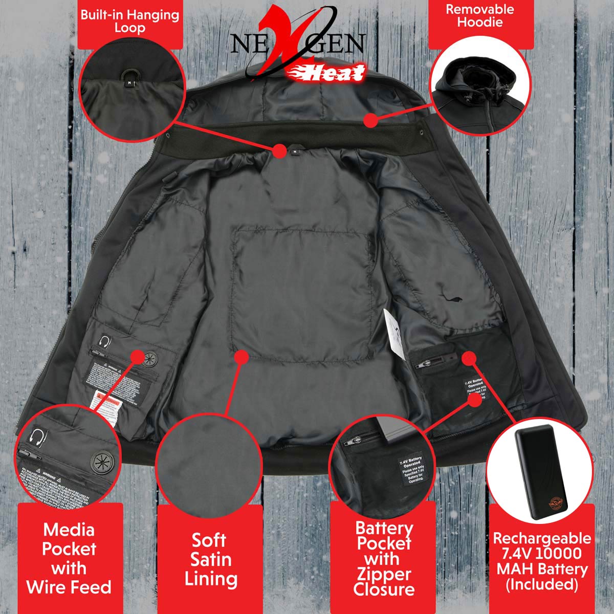 Nexgen Heat MPL2761SET Women's Black Soft Shell Racing Style Heated Jacket Powered by Rechargeable 10000mAh Battery Included