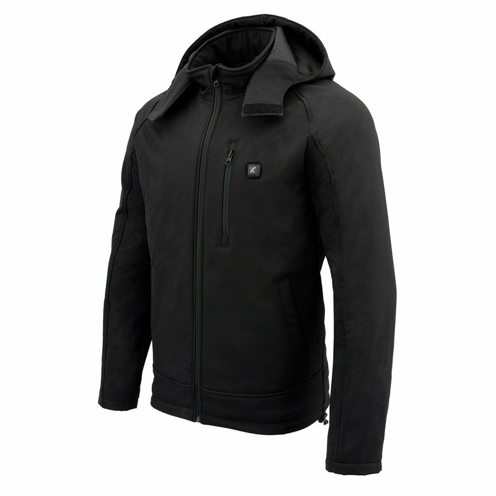 Nexgen Heat MPM1767SET Men's Black 'Heated' Soft Shell Hooded Zipper Front Jacket (Rechargeable Battery Pack Included)