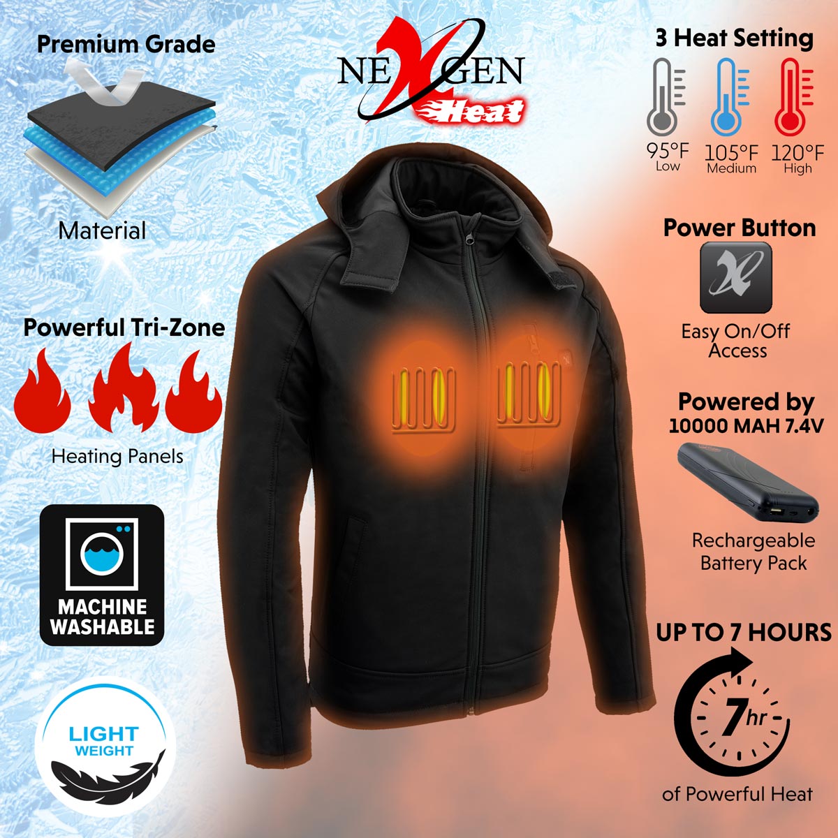Nexgen Heat MPM1767SET Men's Black 'Heated' Soft Shell Hooded Zipper Front Jacket (Rechargeable Battery Pack Included)