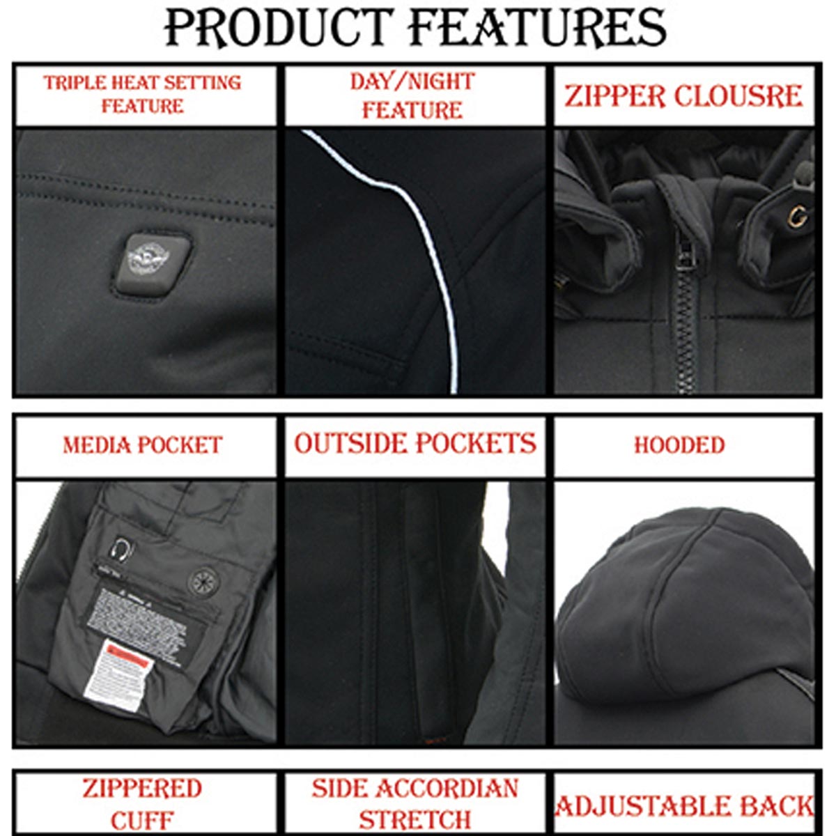 Nexgen Heat MPM1767SET Men's Black 'Heated' Soft Shell Hooded Zipper Front Jacket (Rechargeable Battery Pack Included)