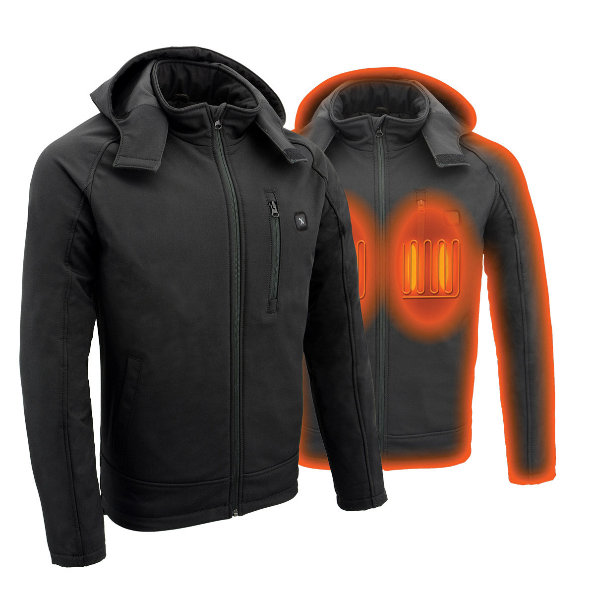 NexGen NXM1767SET Men's 'Ruffled' Black 'Heated' Soft-Shell Hooded Jacket (Rechargeable Battery Pack Included)
