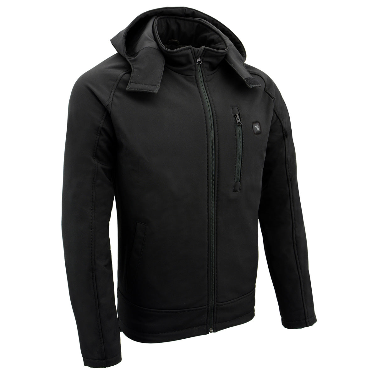 Nexgen Heat MPM1767SET Men's Black 'Heated' Soft Shell Hooded Zipper Front Jacket (Rechargeable Battery Pack Included)