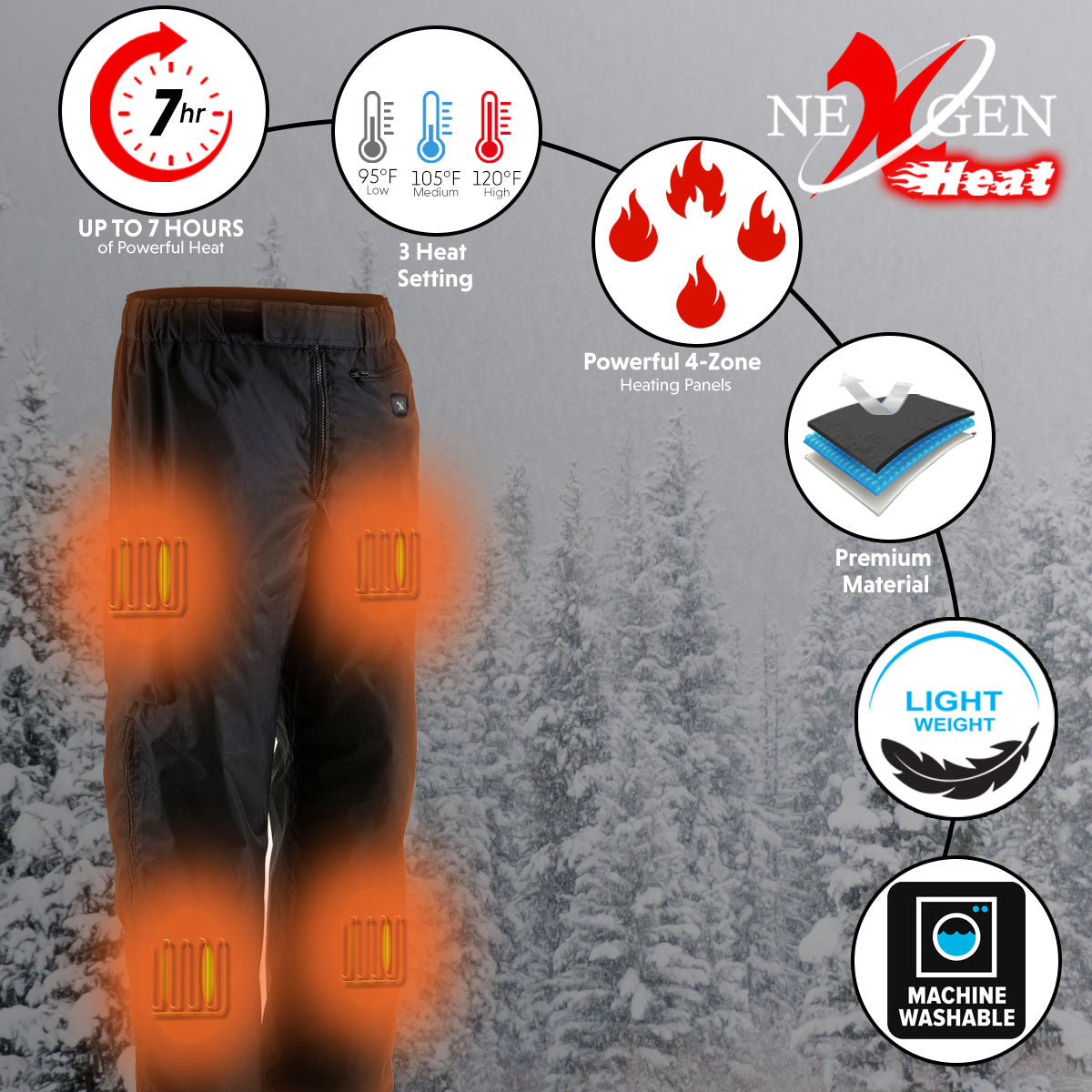 NexGen Heat MPM5720DUAL Men's Black 'Heated' Textile Water Resistant Over Pants (Battery Pack Included)