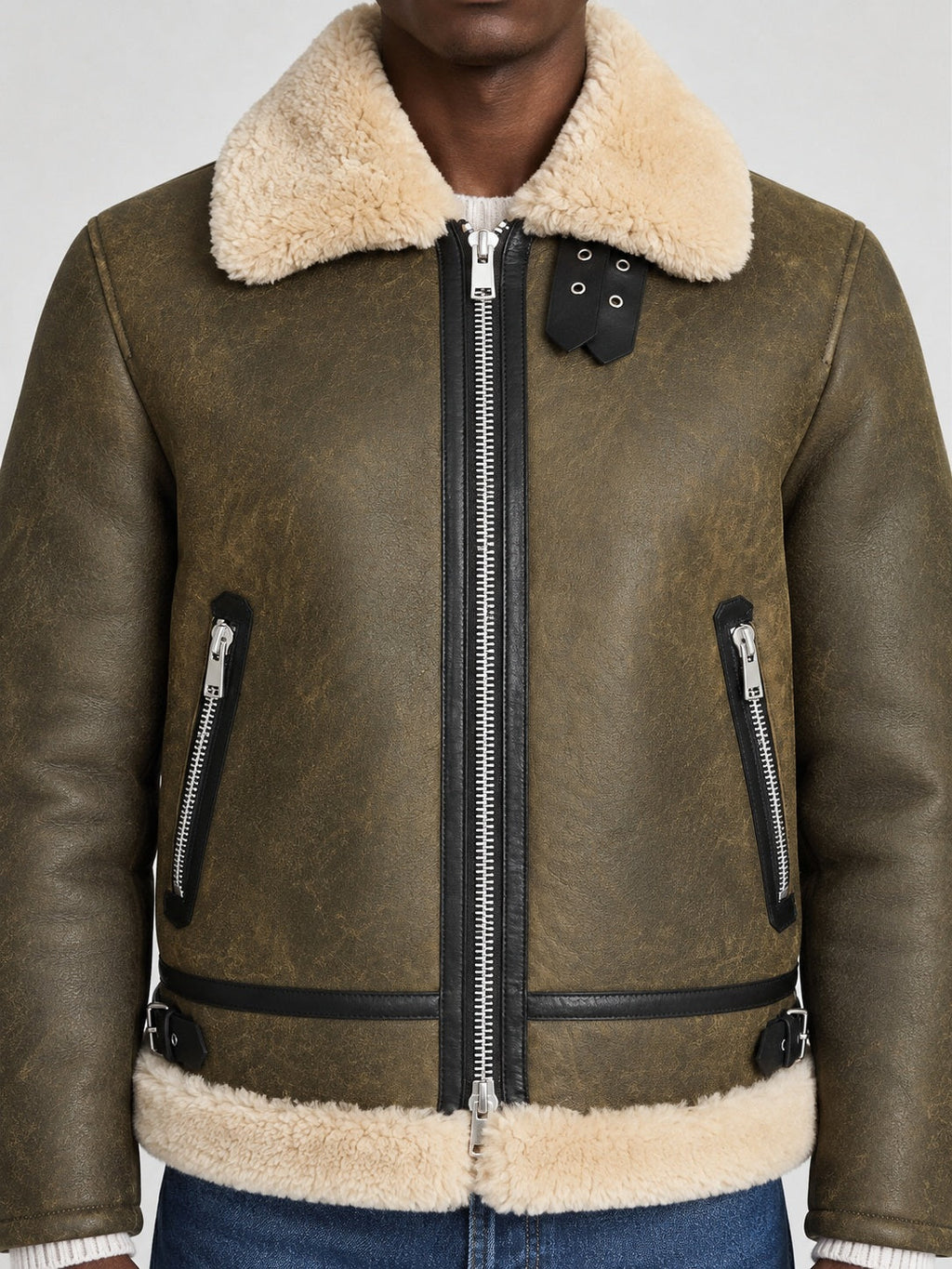 Men’s Army Green Sheepskin Shearling Aviator Jacket