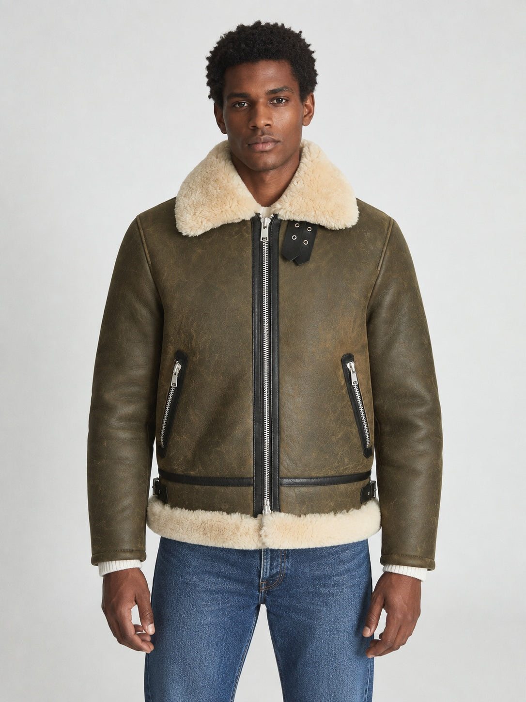 Men’s Army Green Sheepskin Shearling Aviator Jacket