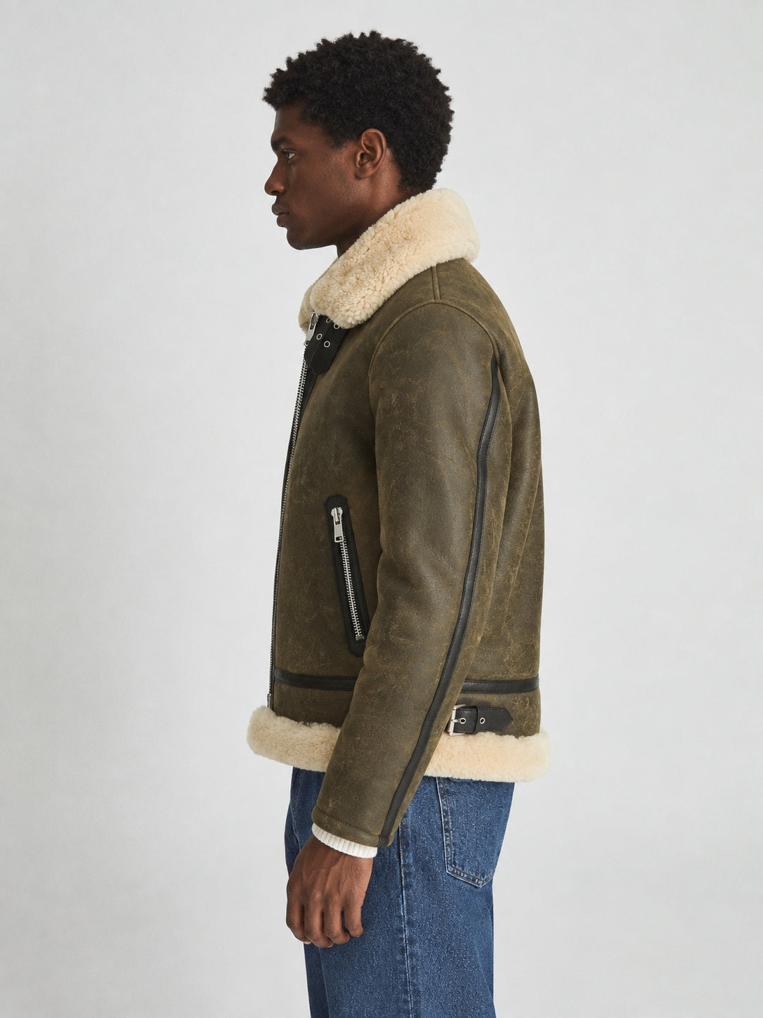 Men’s Army Green Sheepskin Shearling Aviator Jacket
