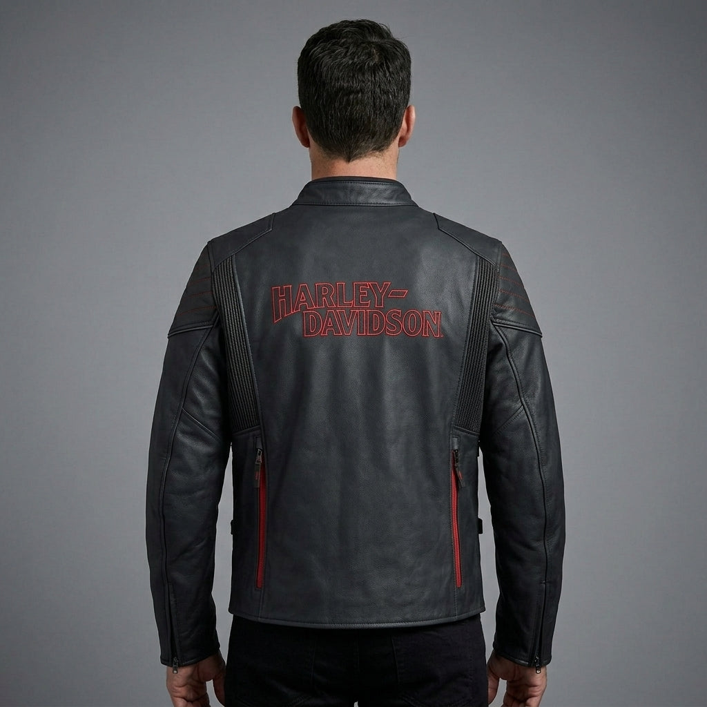 Men’s Matte Black Leather Biker Jacket – Red Stitch Harley Moto Style