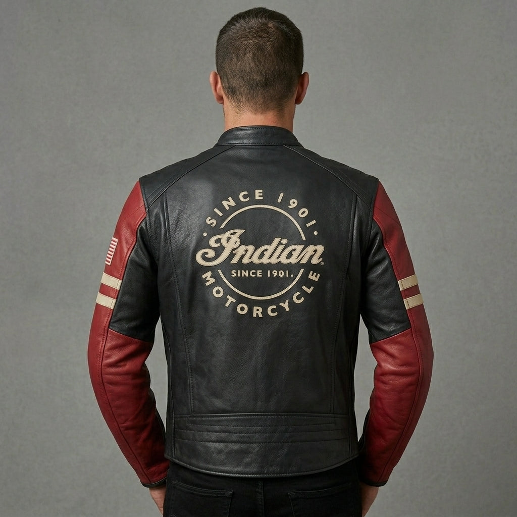 Men’s Vintage Indian-Style Leather Racing Jacket – Red & Black Moto Style