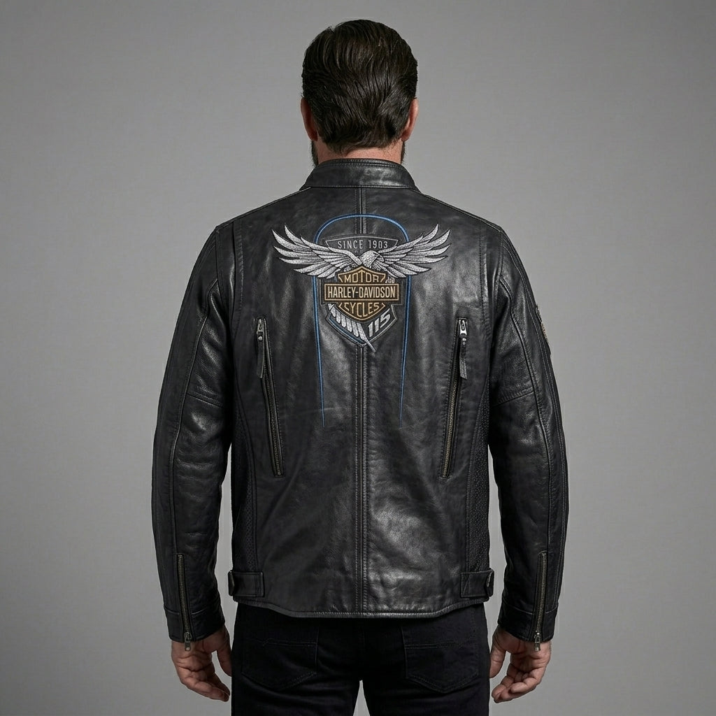 Men’s Vintage Harley-Style Leather Moto Jacket – Anniversary Graphic Edition