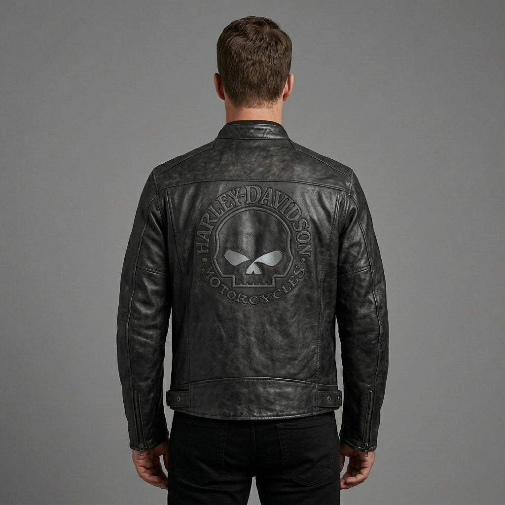 Men’s Skull Distressed Leather Biker Jacket – Harley-Style Moto