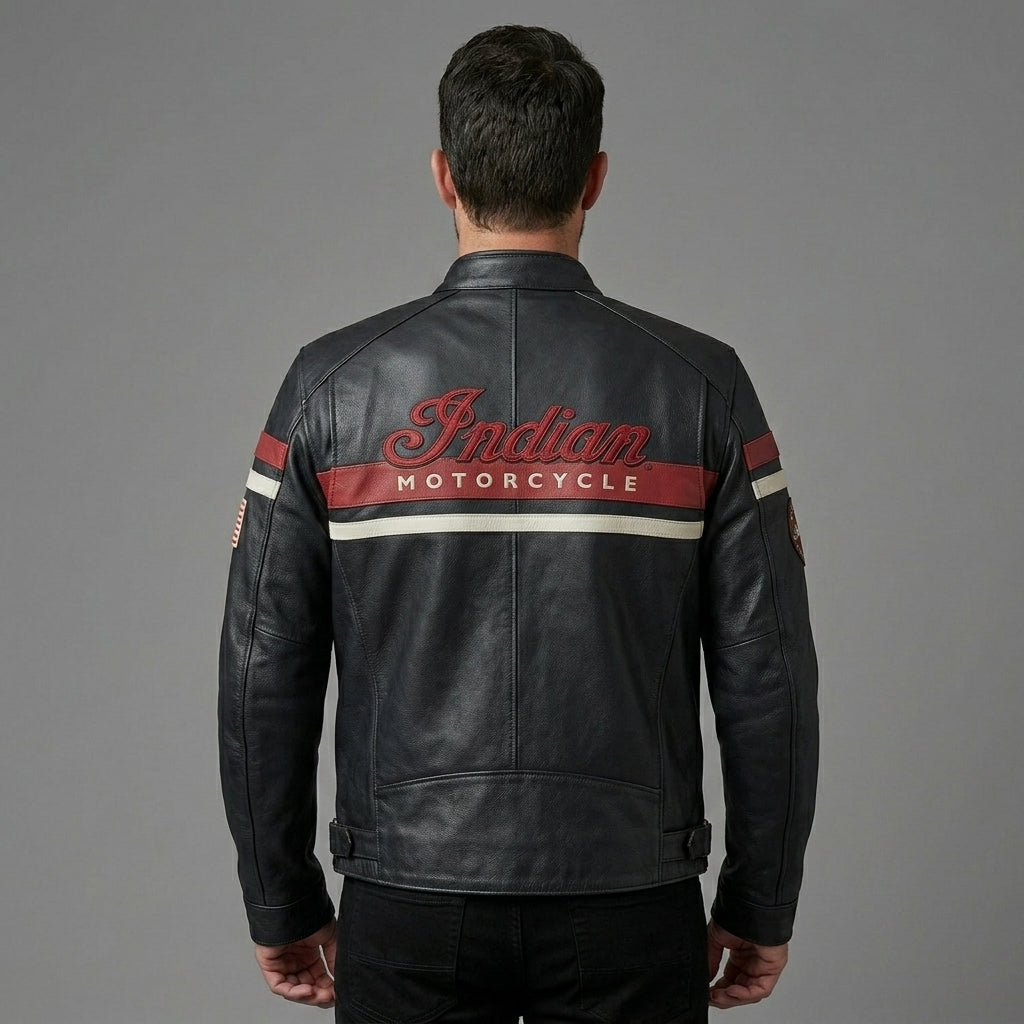 Men’s Indian Motorcycle Style Vintage Leather Biker Jacket – Embroidered Script Logo