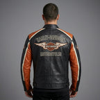 Men’s Harley-Style Leather Racing Jacket – Iconic Orange & Black Tricolor Moto
