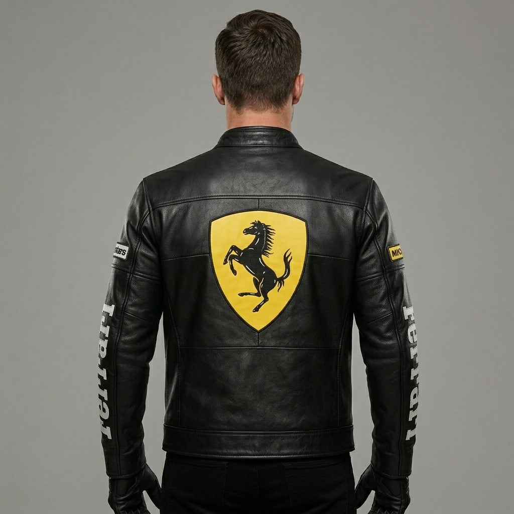 Men’s Leather Racing Jacket – Embroidered Chest Script Edition