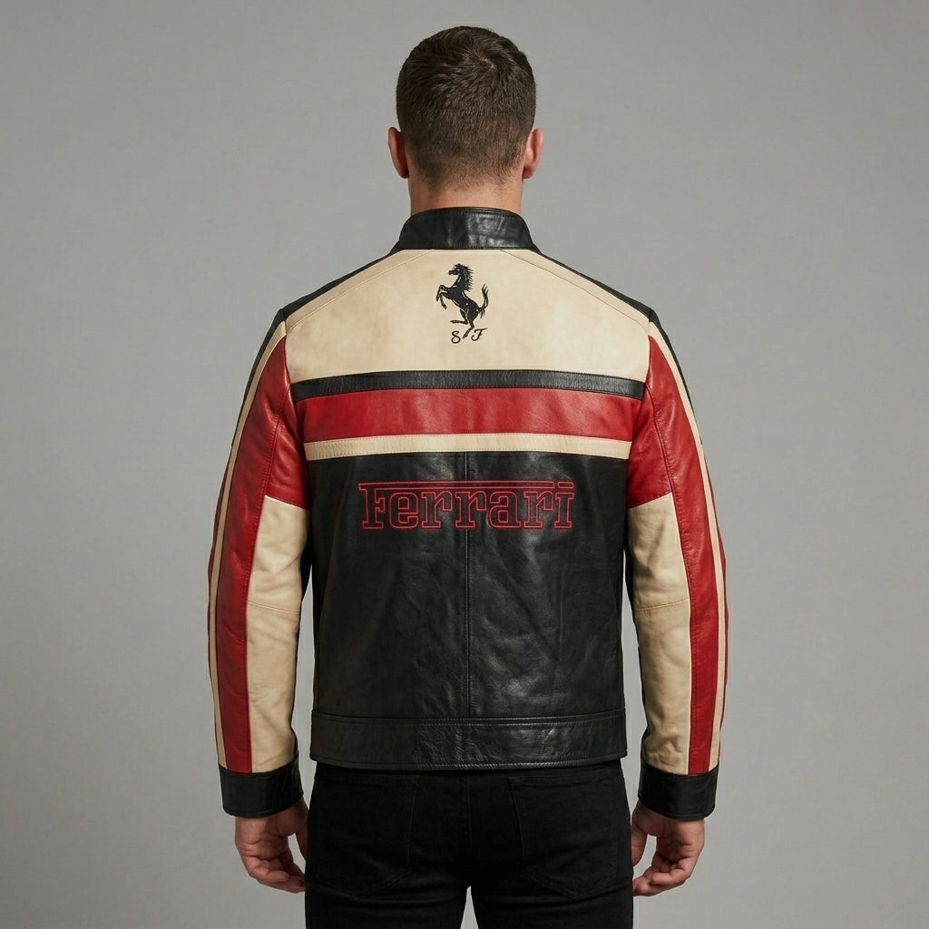 Men’s Black Leather Moto Jacket – Orange & Grey Accent Racing Style