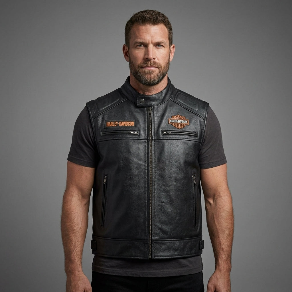 Men’s Harley-Style Leather Roadster Vest – Premium Black Top-Grain