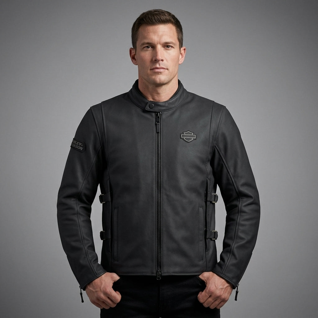 Men’s Matte Black Leather Biker Jacket – Adjustable Buckle Moto Style